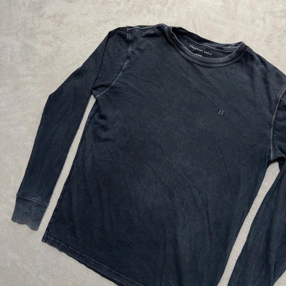 American Eagle Men's Long Sleeve Casual Tee Shirt Acid Wash Grey Logo XS Grunge